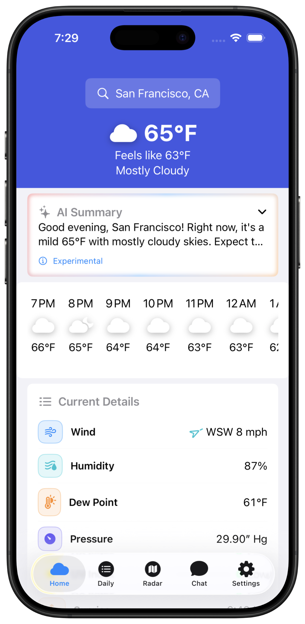 WeatherAI app screenshot showing forecast and live radar
